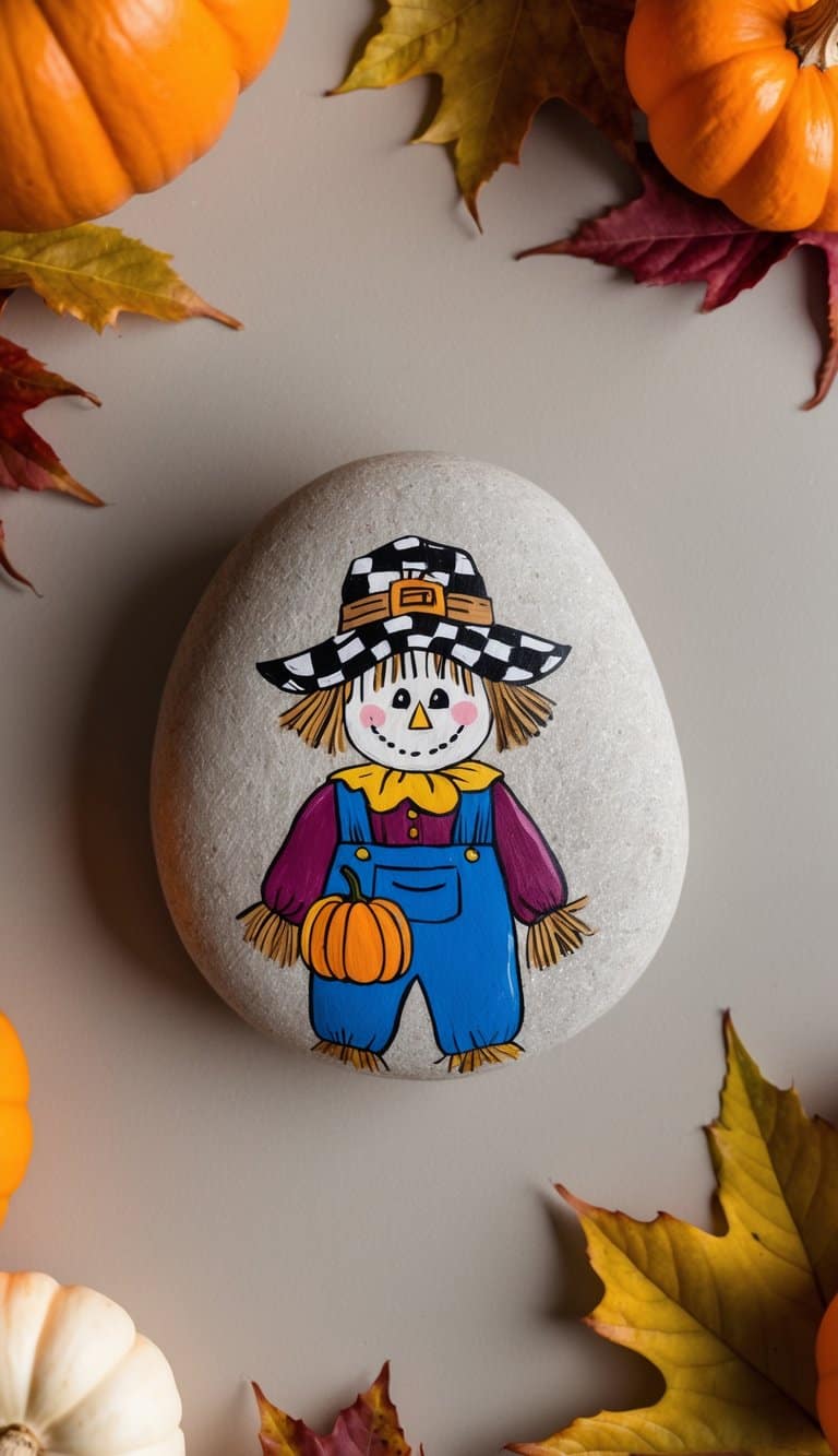 A scarecrow with a checkered hat stands in a field surrounded by autumn leaves and pumpkins