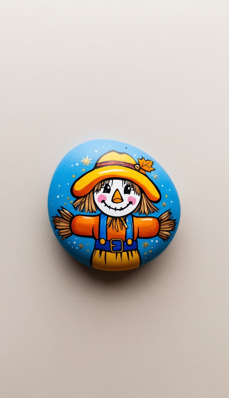 A scarecrow with a painted twinkle, giggling amidst autumn charm