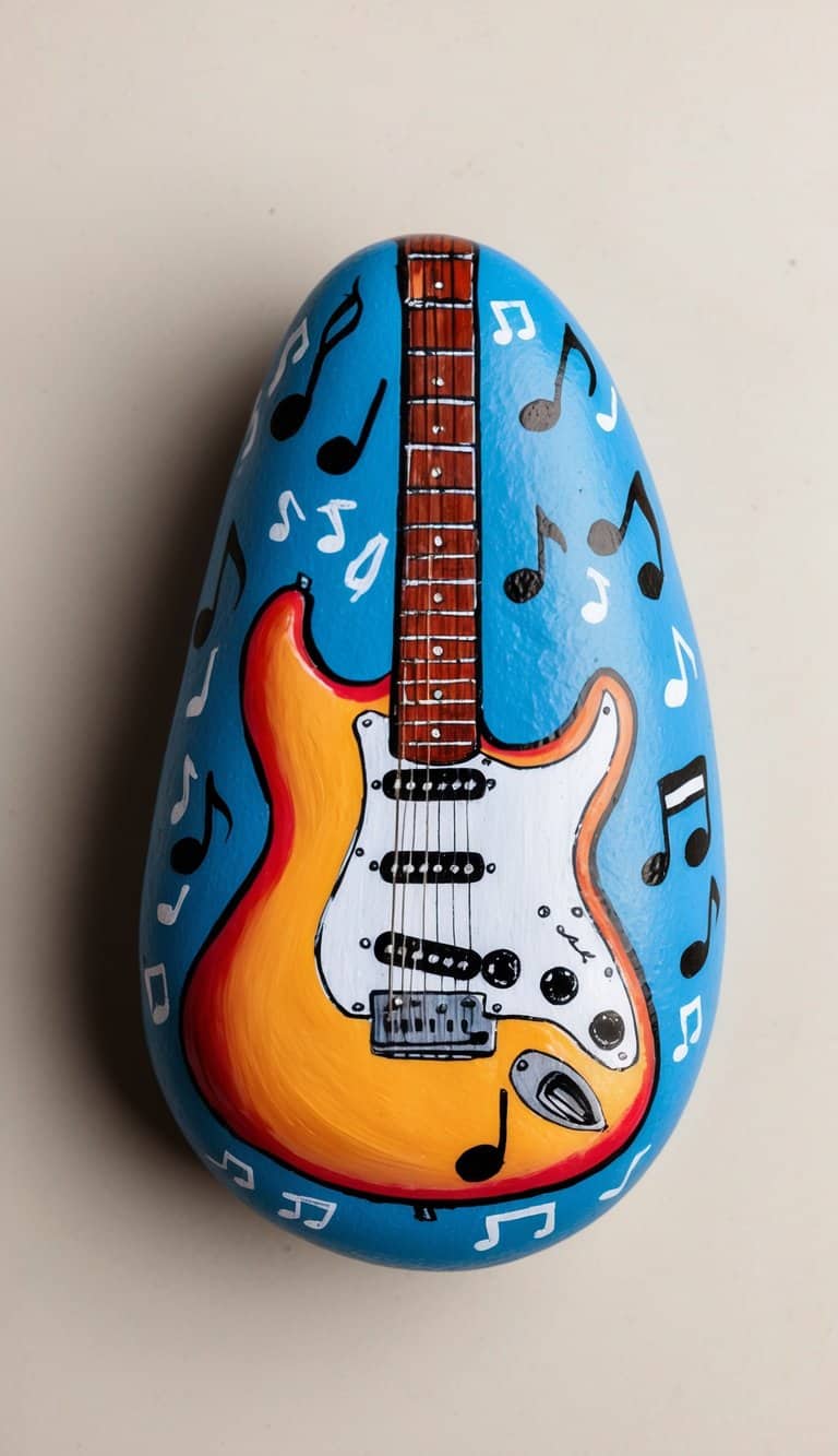 A colorful electric guitar surrounded by musical notes and symbols on a rock