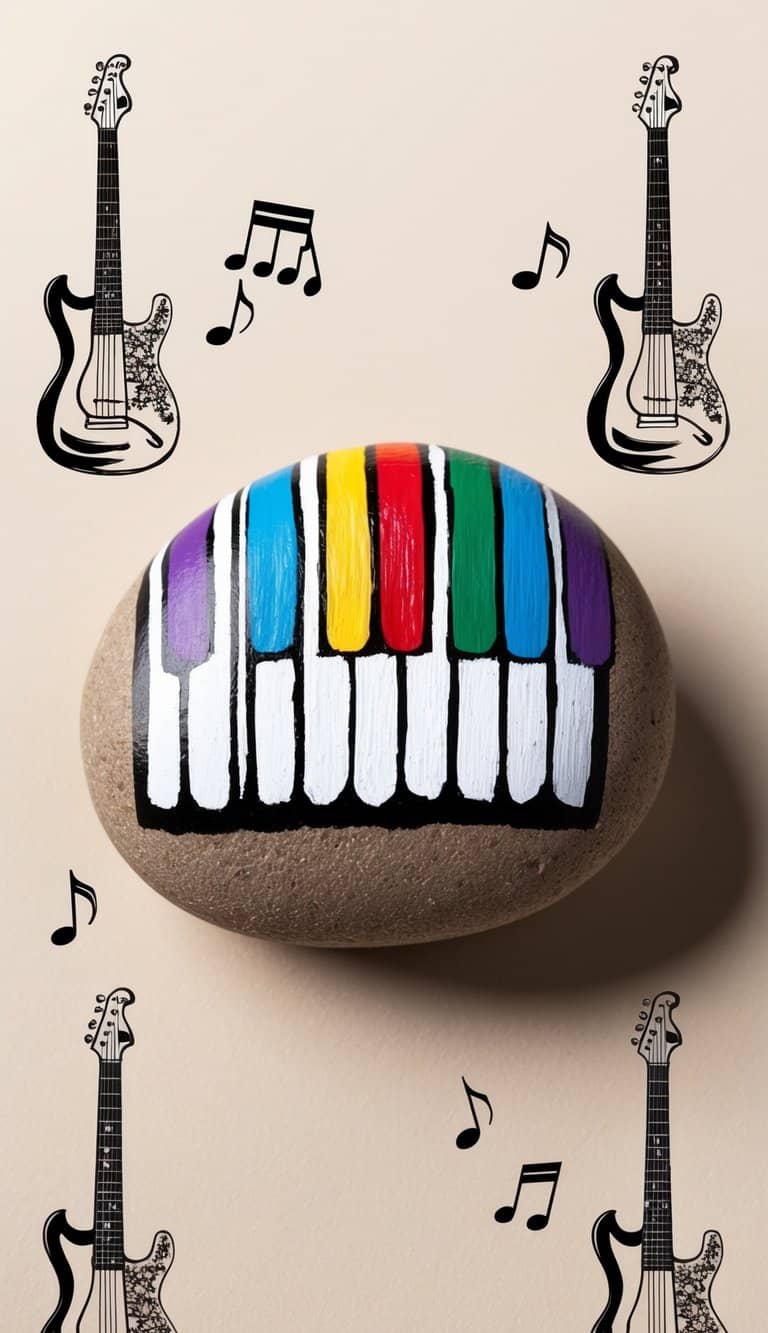 Vibrant piano keys painted on a rock, surrounded by musical notes and guitar imagery