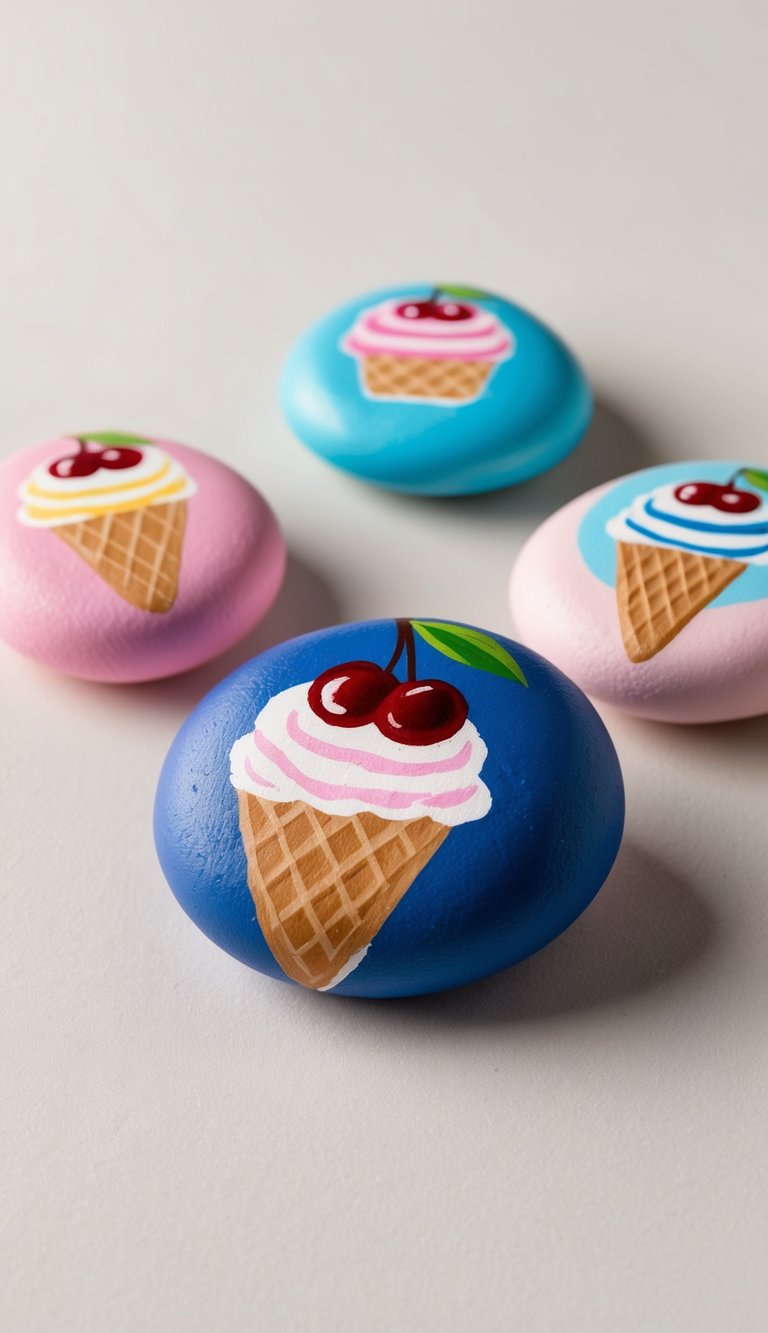 A colorful cherry-topped scoop rock surrounded by ice cream-themed painted rocks
