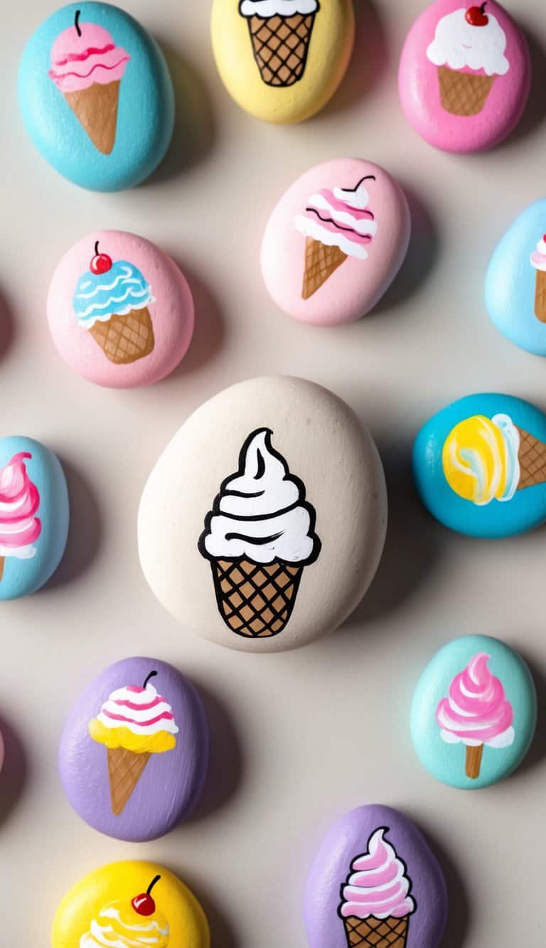 A vanilla bean frosted rock surrounded by 49 other rocks, each painted with different ice cream themes, such as cones, sundaes, and popsicles