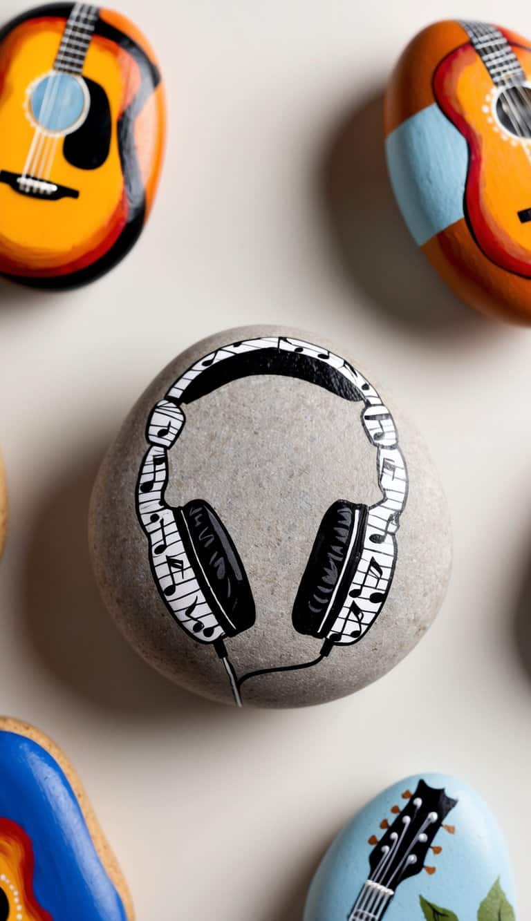 Headphones wrapped in music notes, surrounded by painted rocks with guitar designs