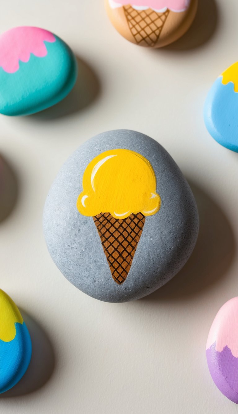 A colorful mango ice cream scoop painted on a smooth rock, surrounded by other ice cream-themed painted rocks