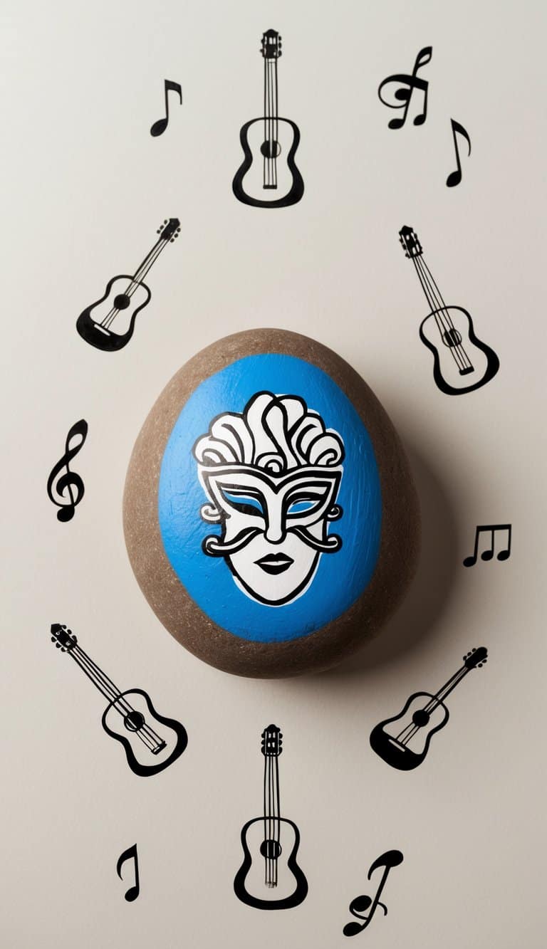 A rock with an opera mask and music notes, surrounded by guitar and musical symbols