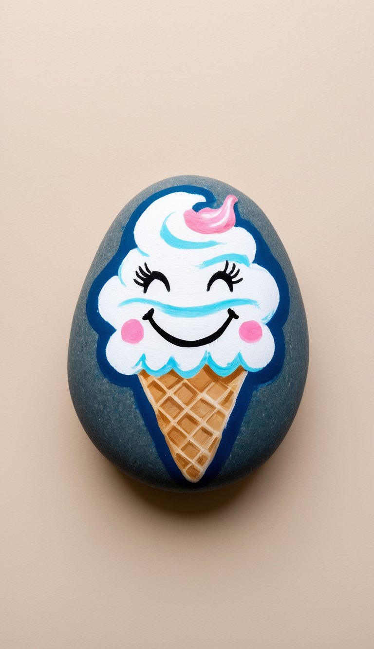 An ice cream cone with a smiling face painted on a rock