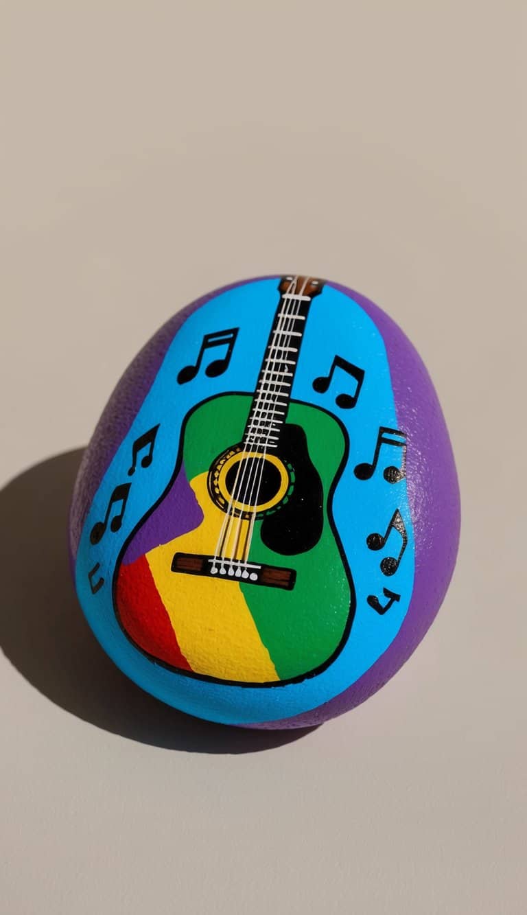 A vibrant rock with reggae colors, adorned with a guitar, surrounded by musical notes and symbols