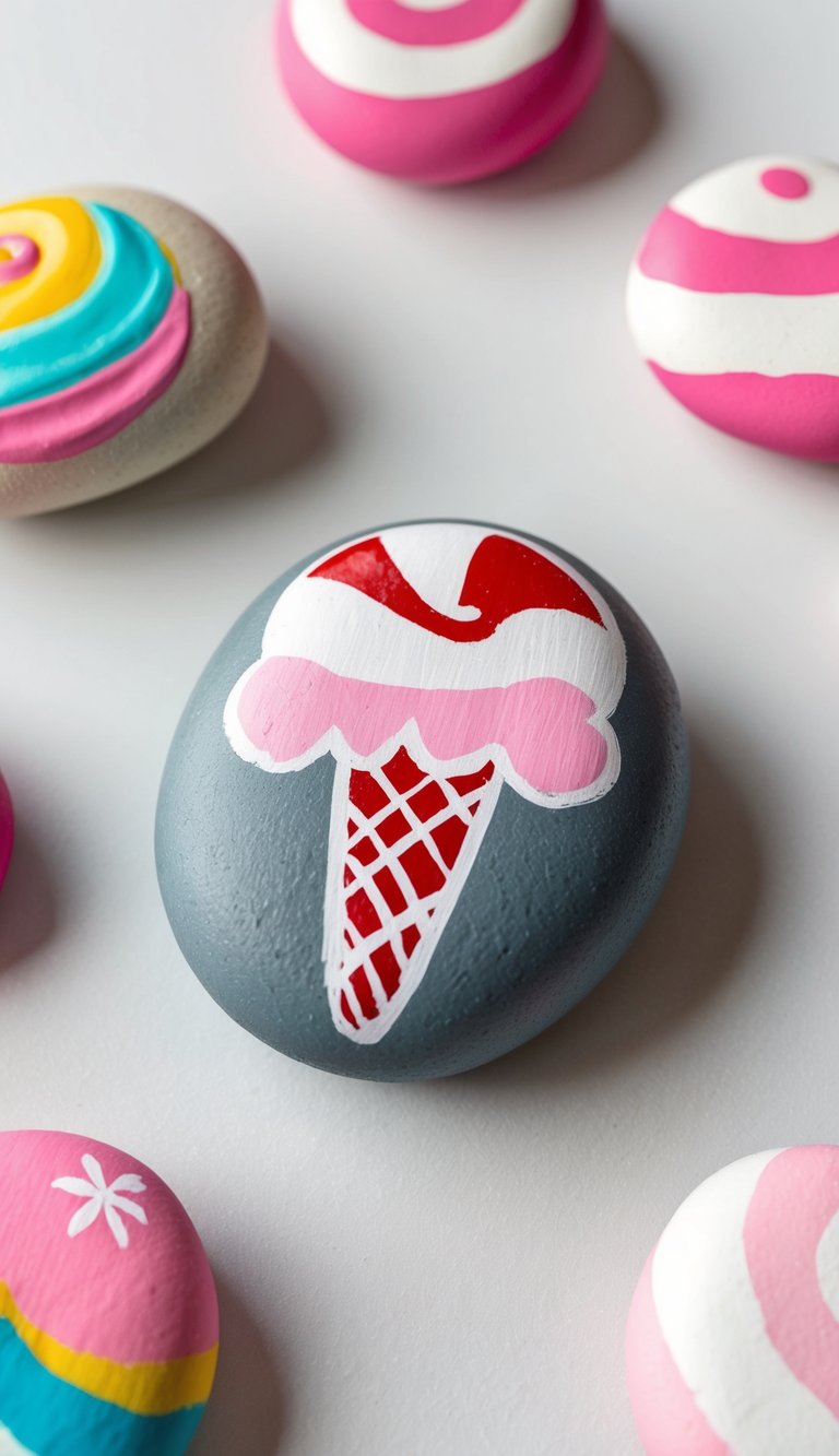 A colorful candy cane ice cream rock surrounded by other ice cream-themed painted rocks
