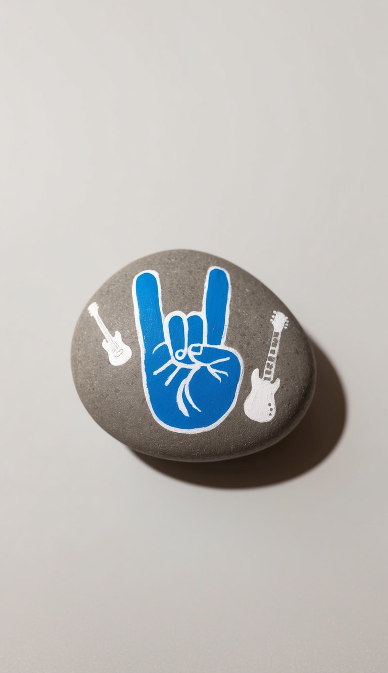 A rock painted with a rock 'n' roll hand sign and a guitar