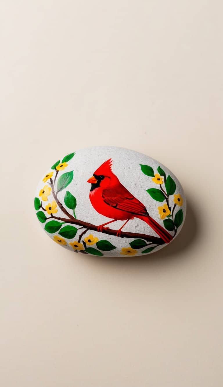 A bright red cardinal perched on a tree branch surrounded by green leaves and small flowers