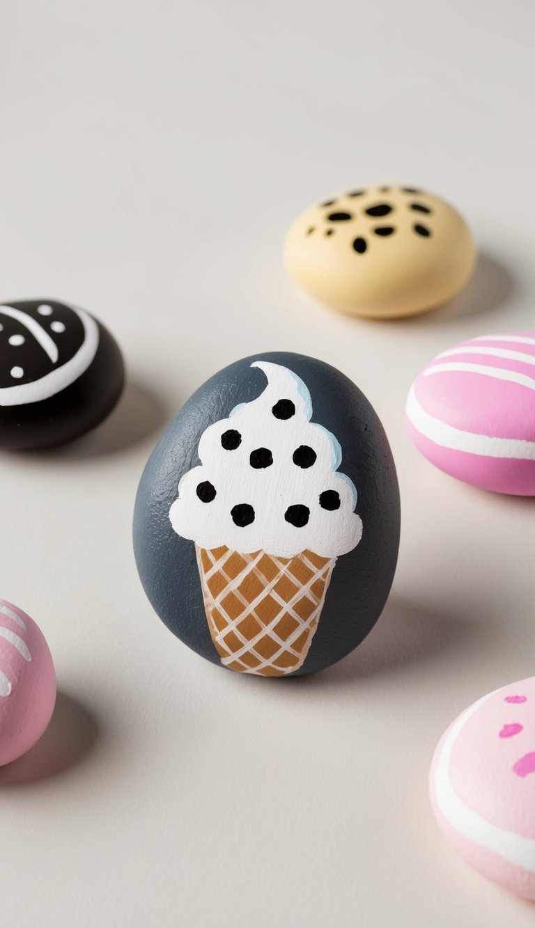 A rock painted to resemble a cookies and cream ice cream cone, surrounded by other ice cream-themed painted rocks