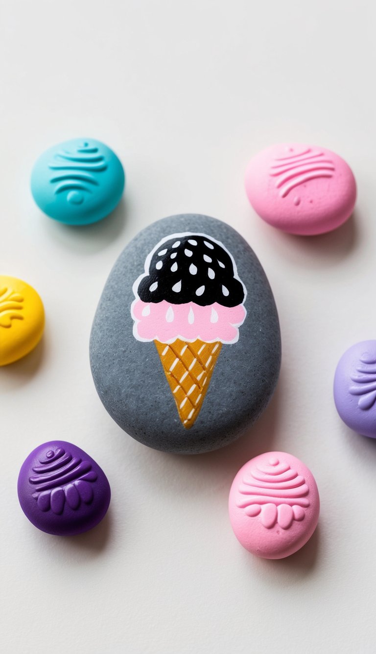 A blackberry ice cream scoop painted rock surrounded by colorful ice cream-themed rocks