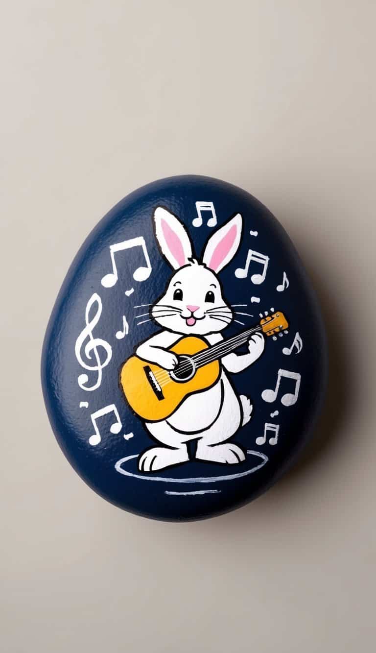 A rock with a cute bunny playing a guitar surrounded by musical notes and symbols