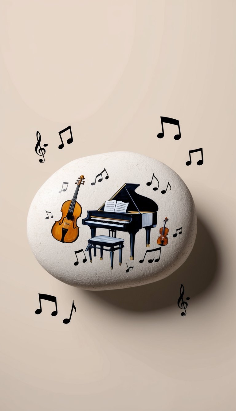 A rock with a piano and violin combo, surrounded by musical notes and a guitar