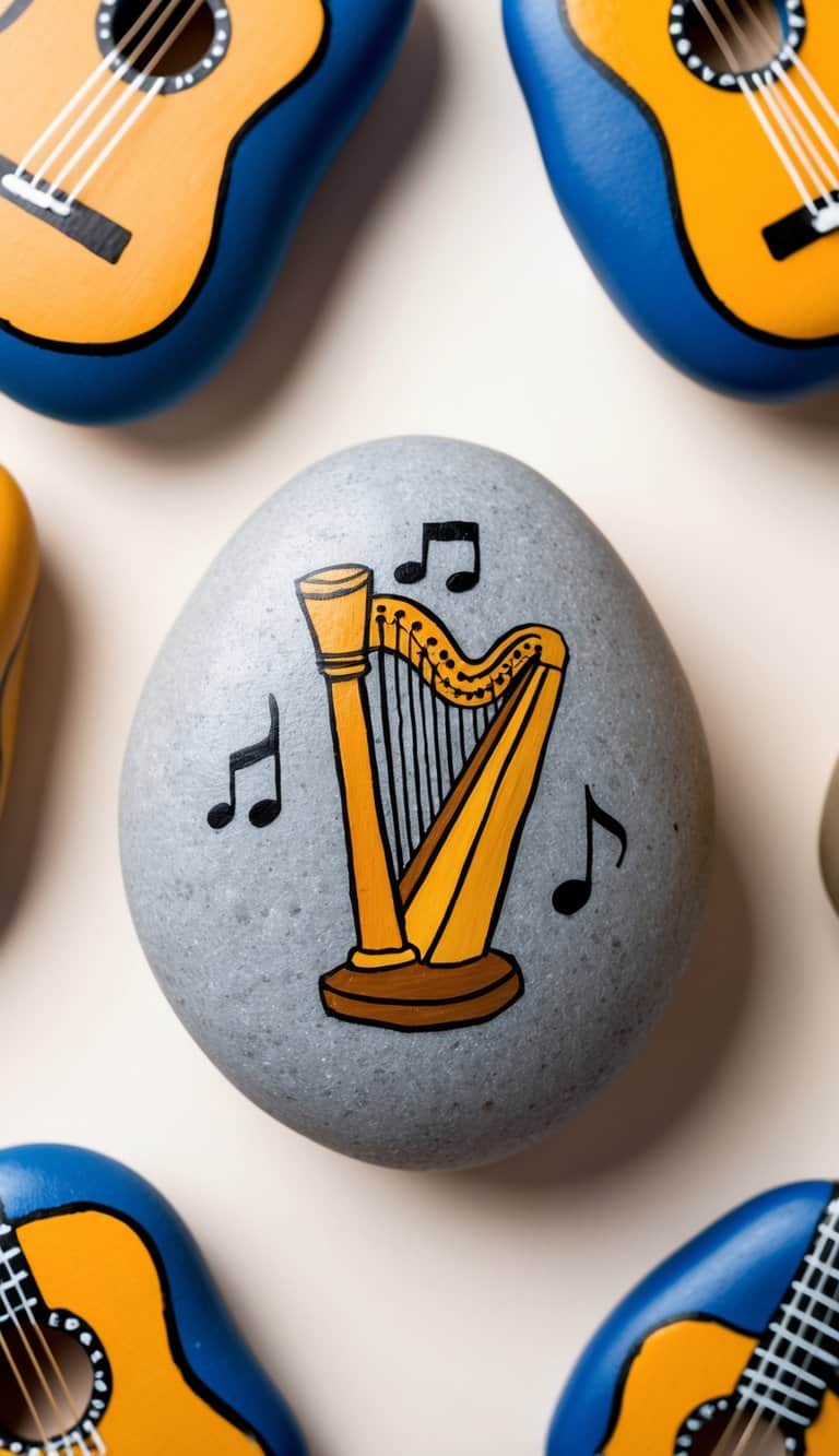 A rock with a harp and musical notes, surrounded by guitar-themed painted rocks