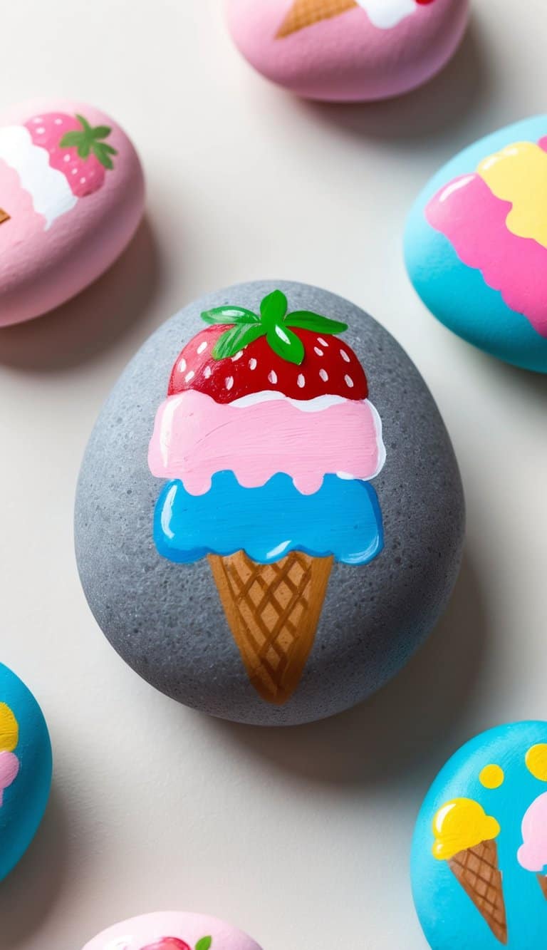 A colorful strawberry ice cream bar painted on a smooth rock, surrounded by other ice cream-themed painted rocks