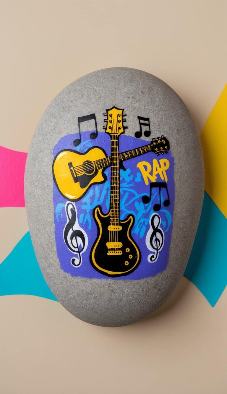 A rock adorned with graffiti-style rap music imagery, including guitars and musical notes, set against a vibrant background