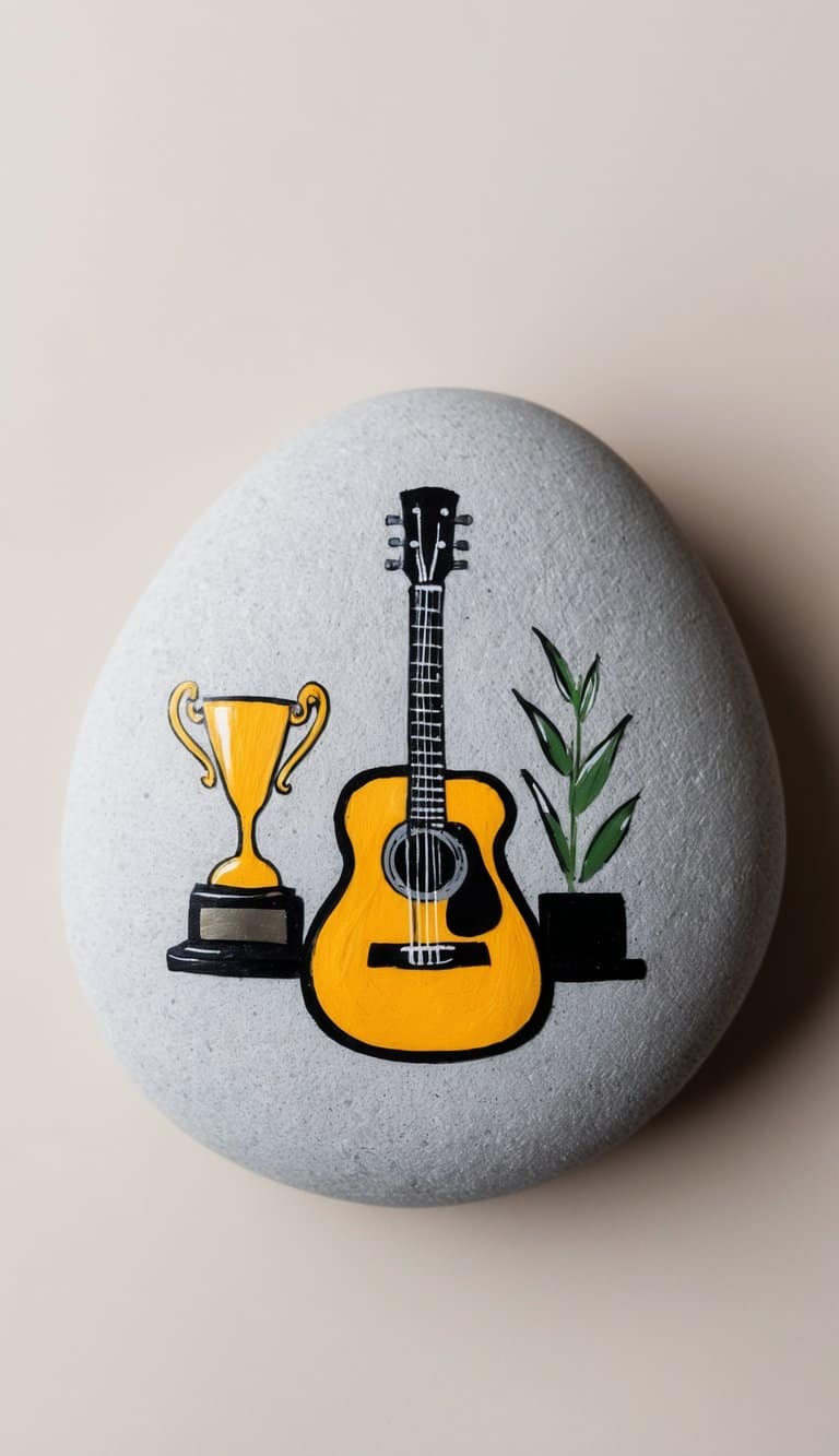 A rock with a music award trophy and a guitar painted on it