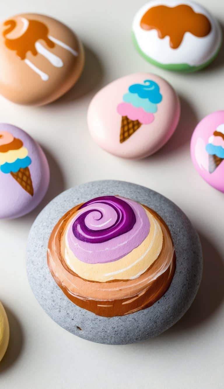 A colorful swirl of salted caramel ice cream on a round rock, surrounded by other ice cream-themed painted rocks