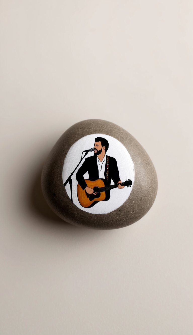A rock with a music-themed portrait of a singer and guitar
