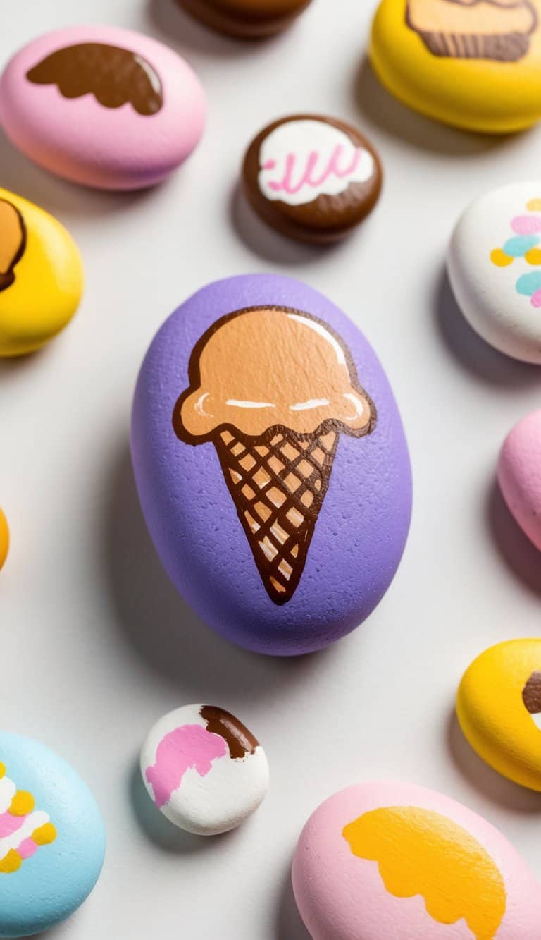 A colorful rock painted to resemble a peanut butter cup ice cream scoop, surrounded by 49 other ice cream-themed painted rocks