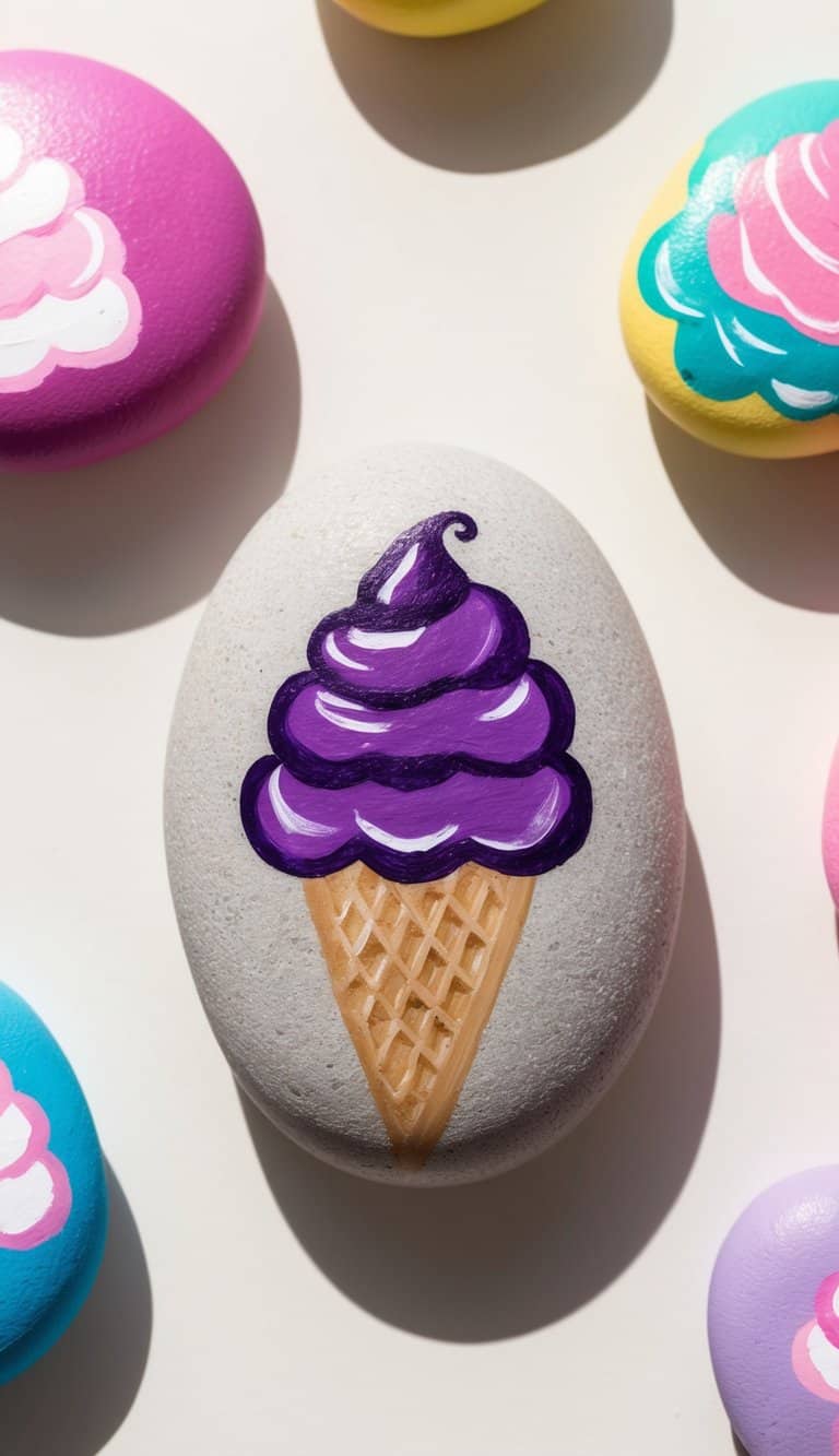 A colorful grape ice cream cone painted on a smooth rock, surrounded by other ice cream-themed painted rocks