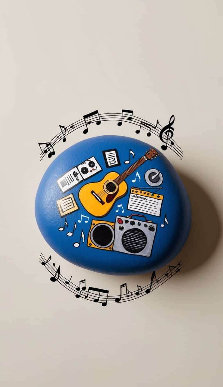 A rock adorned with music studio gear, including a guitar, surrounded by musical notes and other music-themed elements