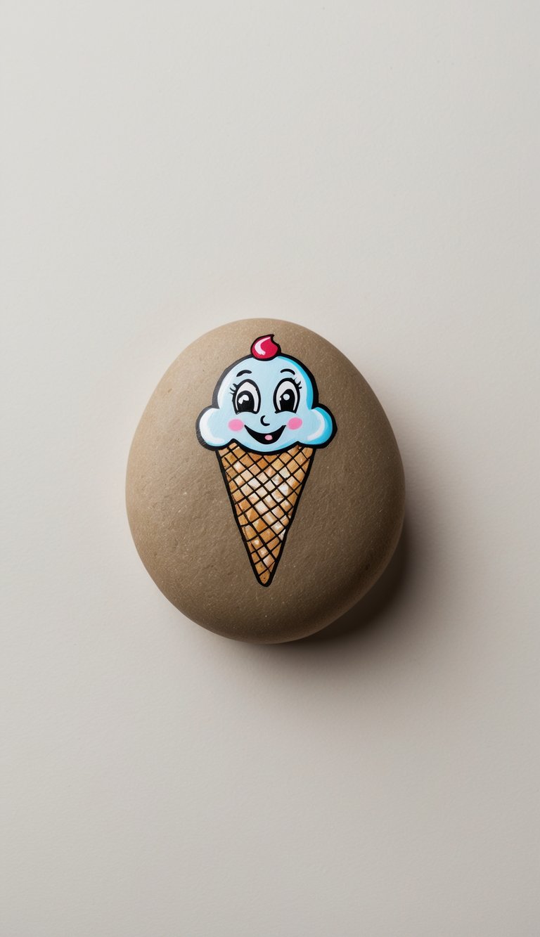 An ice cream cone with a funny face painted on a rock
