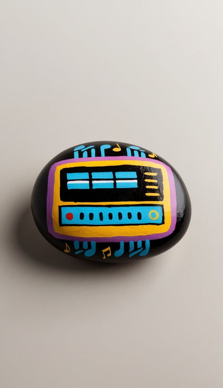 A rock painted with a stereo equalizer and music-themed elements, such as guitars and musical notes, creating a vibrant and dynamic design