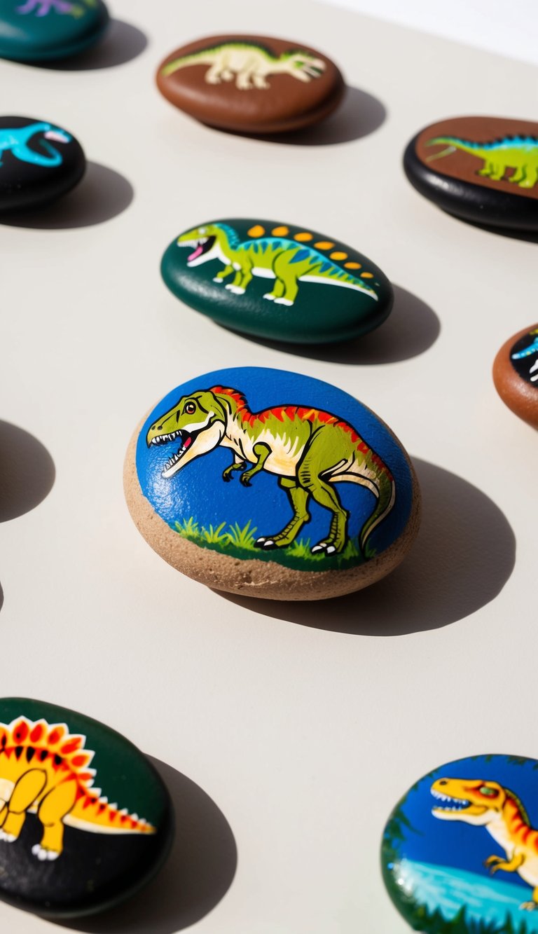 A collection of dinosaur painted rocks arranged on a table, each rock depicting a different prehistoric creature in vibrant colors and intricate details
