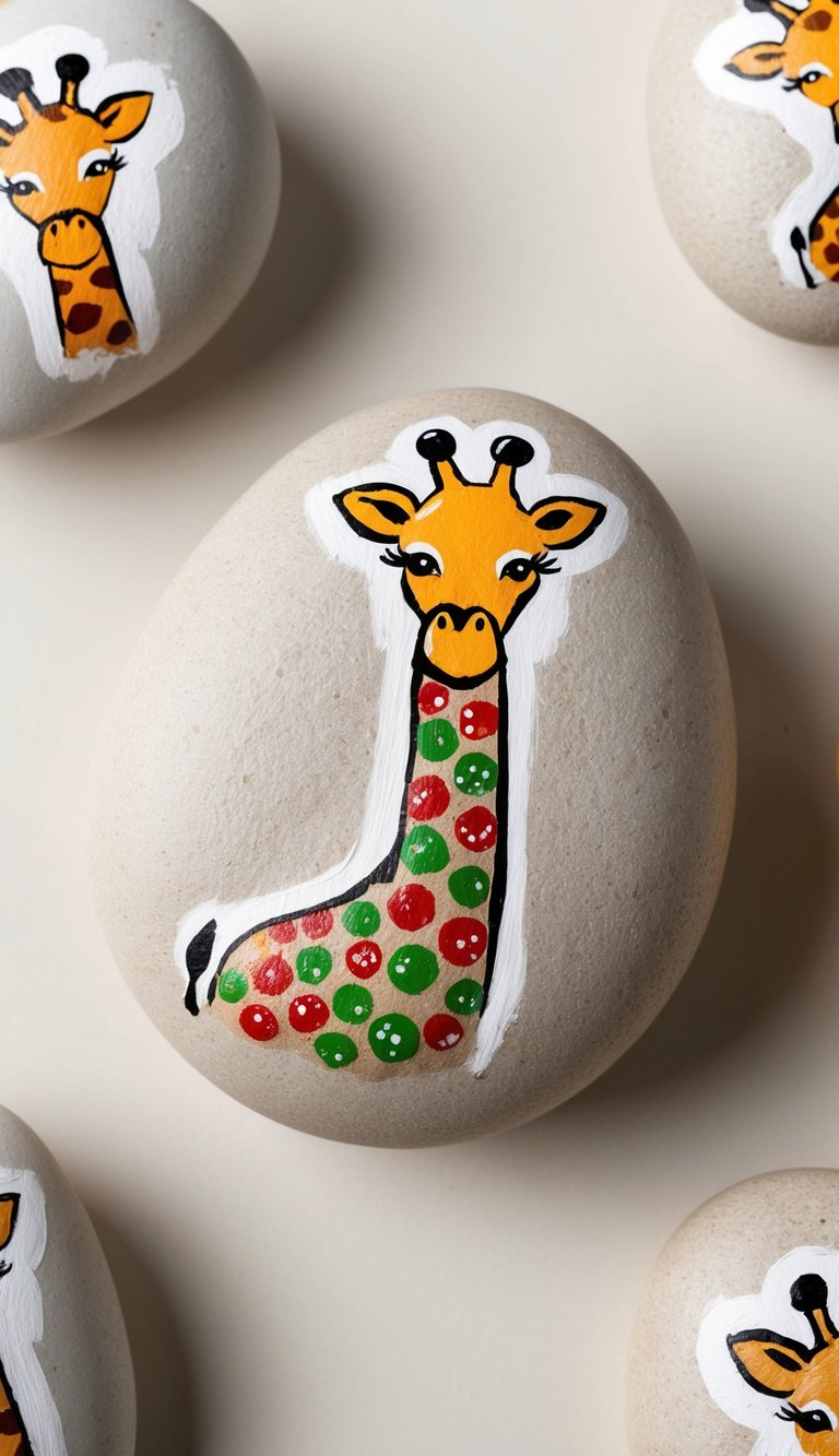 A giraffe-shaped rock painted in festive holiday designs, surrounded by other giraffe rocks