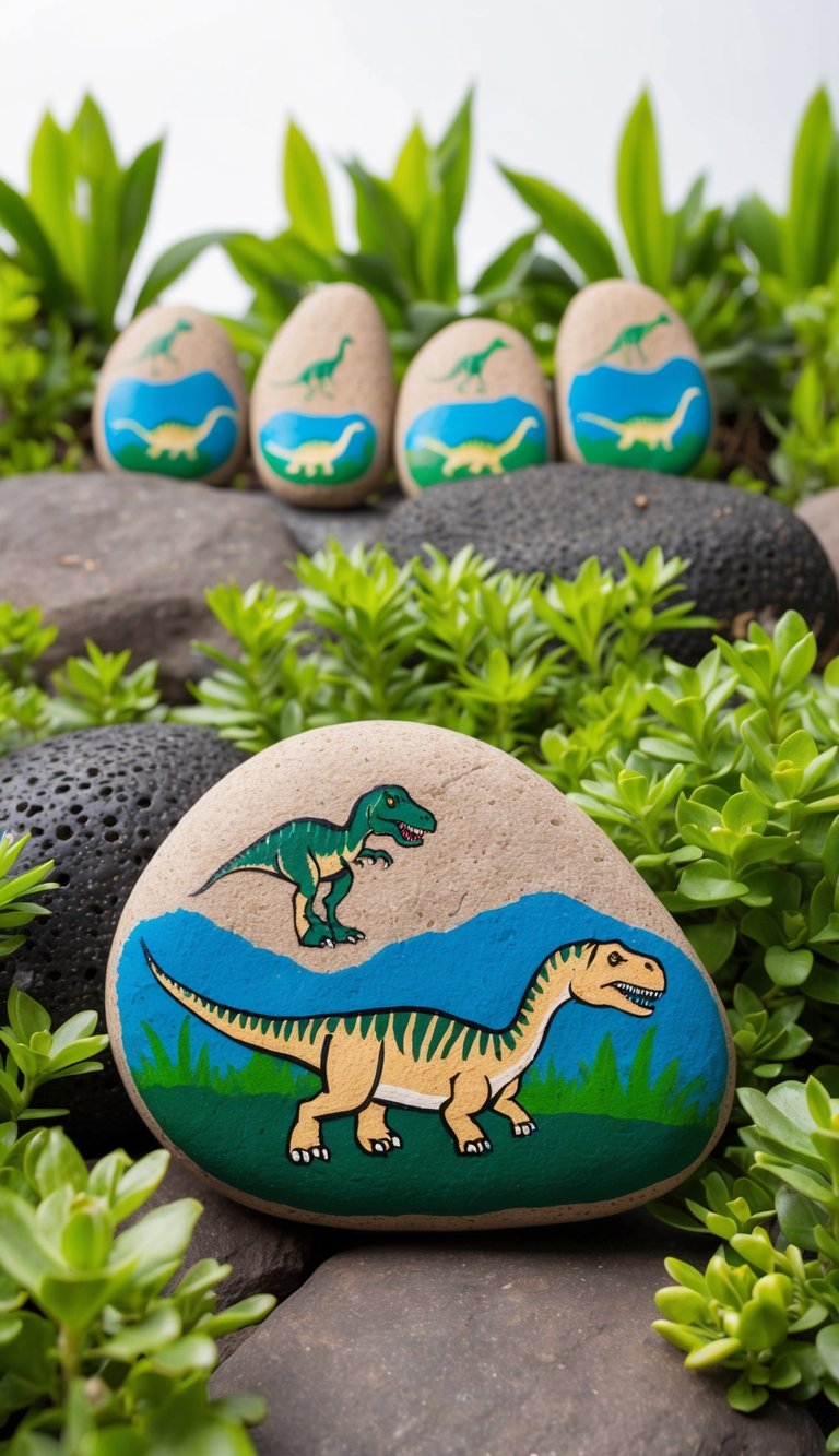 A group of dinosaur painted rocks arranged in a prehistoric landscape, surrounded by lush greenery and volcanic rocks