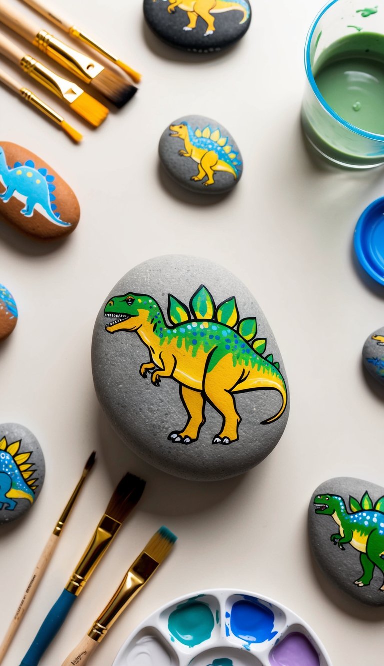A collection of dinosaur painted rocks arranged on a table, surrounded by paintbrushes, paint palettes, and cleaning supplies