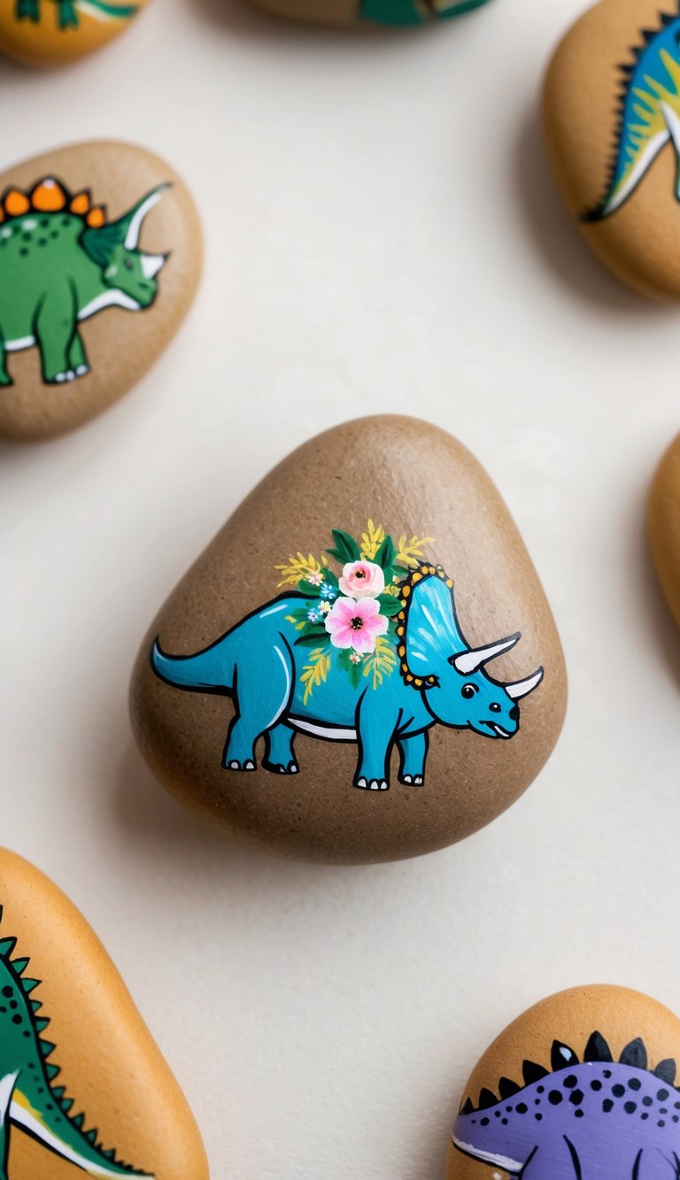 A triceratops adorned with a floral crown, standing on a rock canvas surrounded by other dinosaur painted rocks
