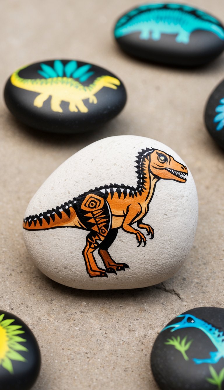 A velociraptor with tribal patterns painted on its scales stands on a rocky surface, surrounded by other dinosaur painted rocks