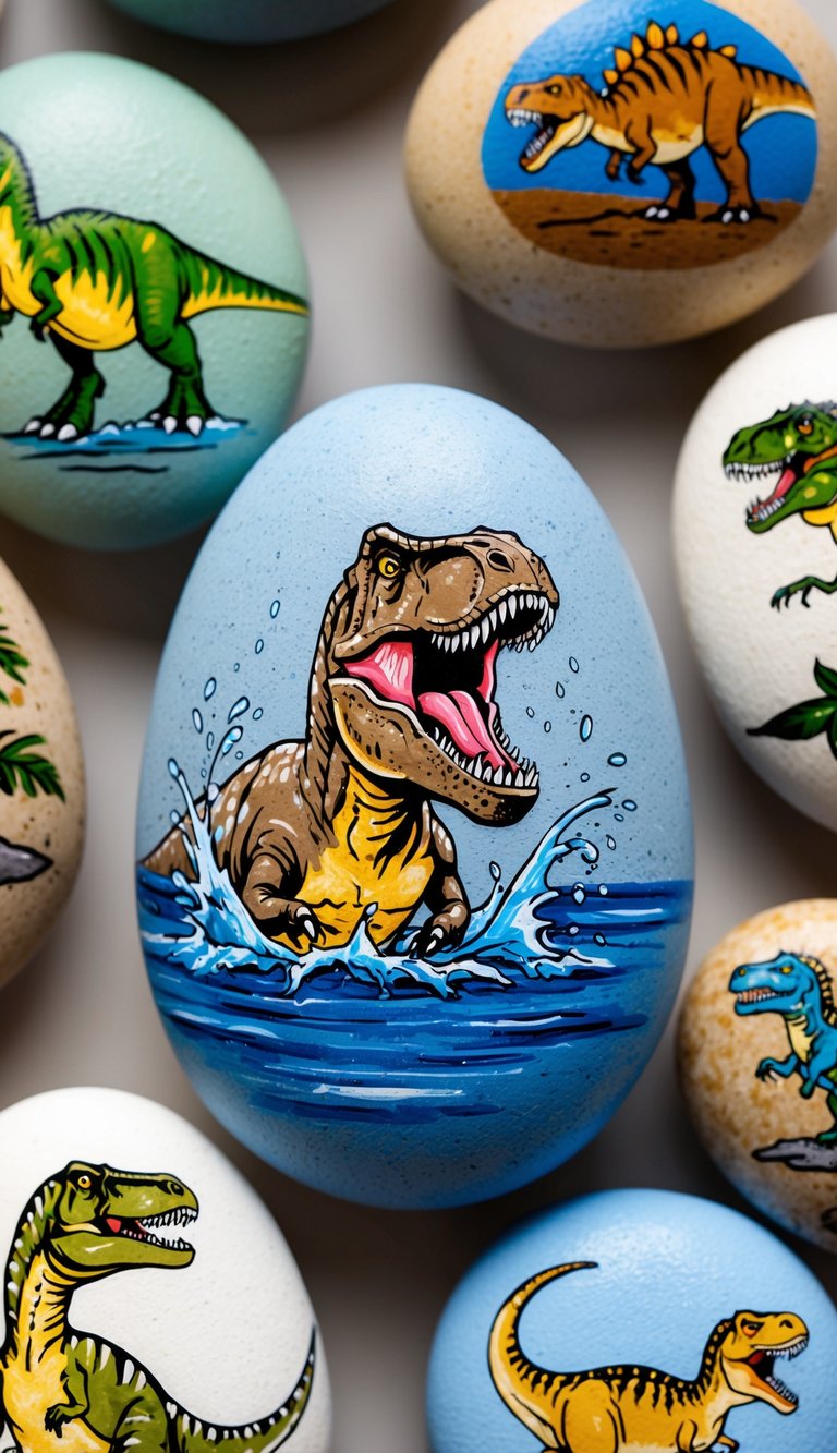 A Spinosaurus emerges from the water, creating splashes as it roars, surrounded by painted rocks depicting various dinosaurs