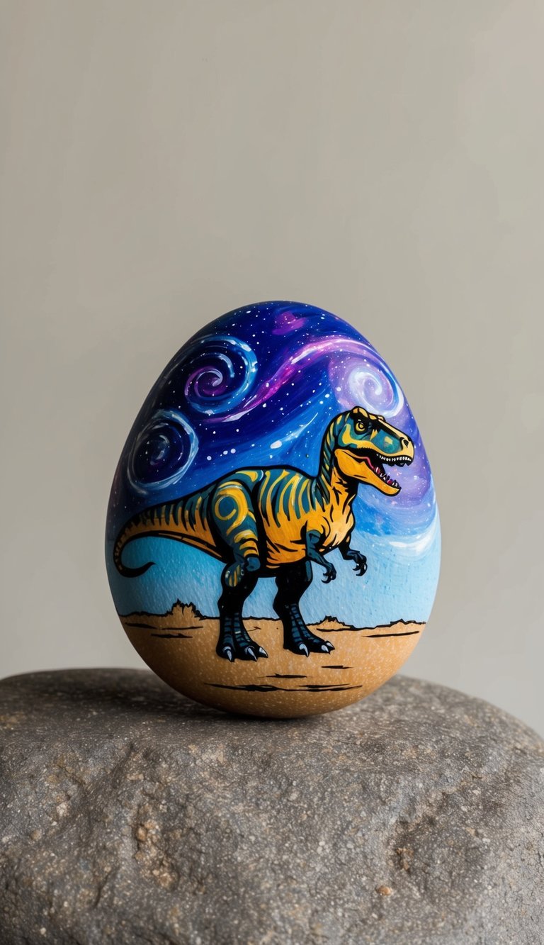 A majestic dinosaur adorned with swirling galaxies, standing proudly on a rocky landscape