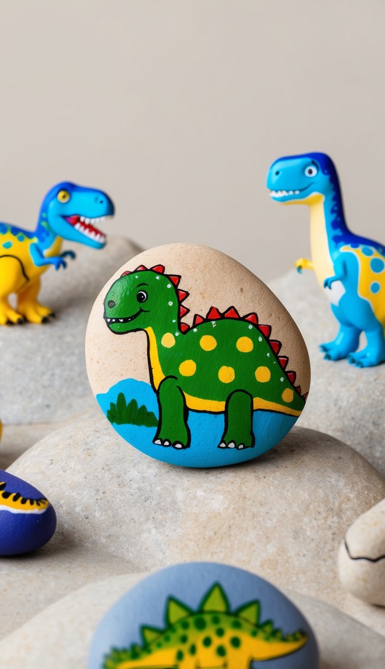 A colorful dinosaur with polka dots stands on a rocky landscape, surrounded by other painted dinosaur rocks