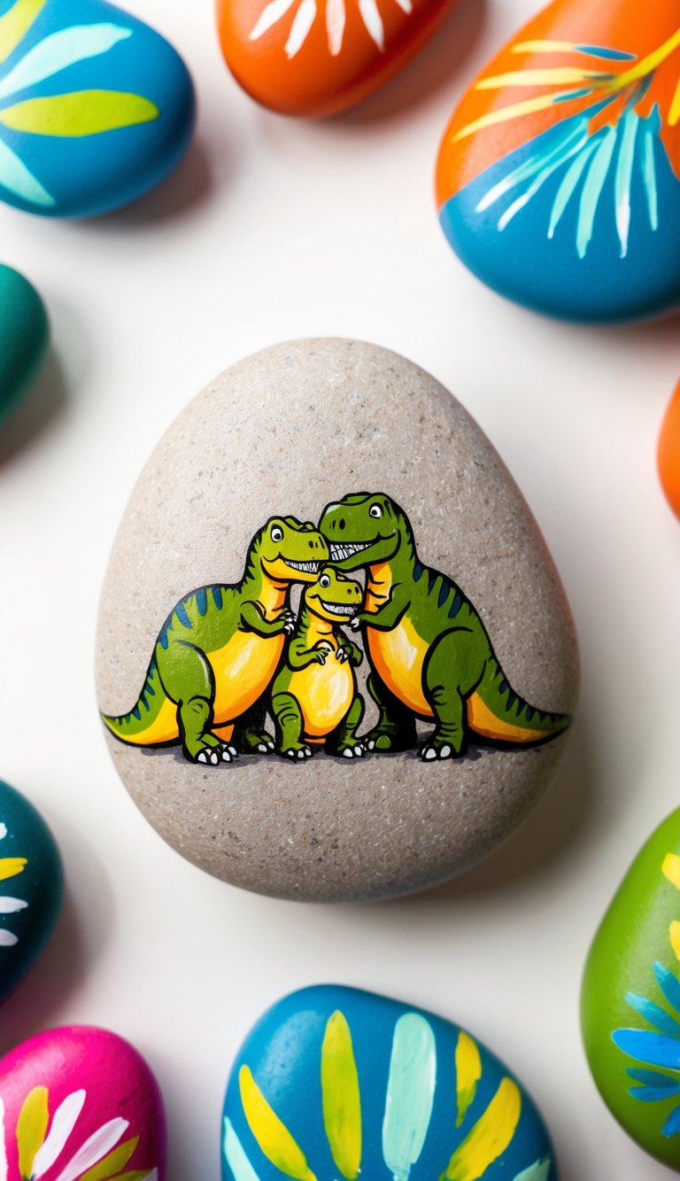 A family of dinosaurs hugging, surrounded by colorful painted rocks