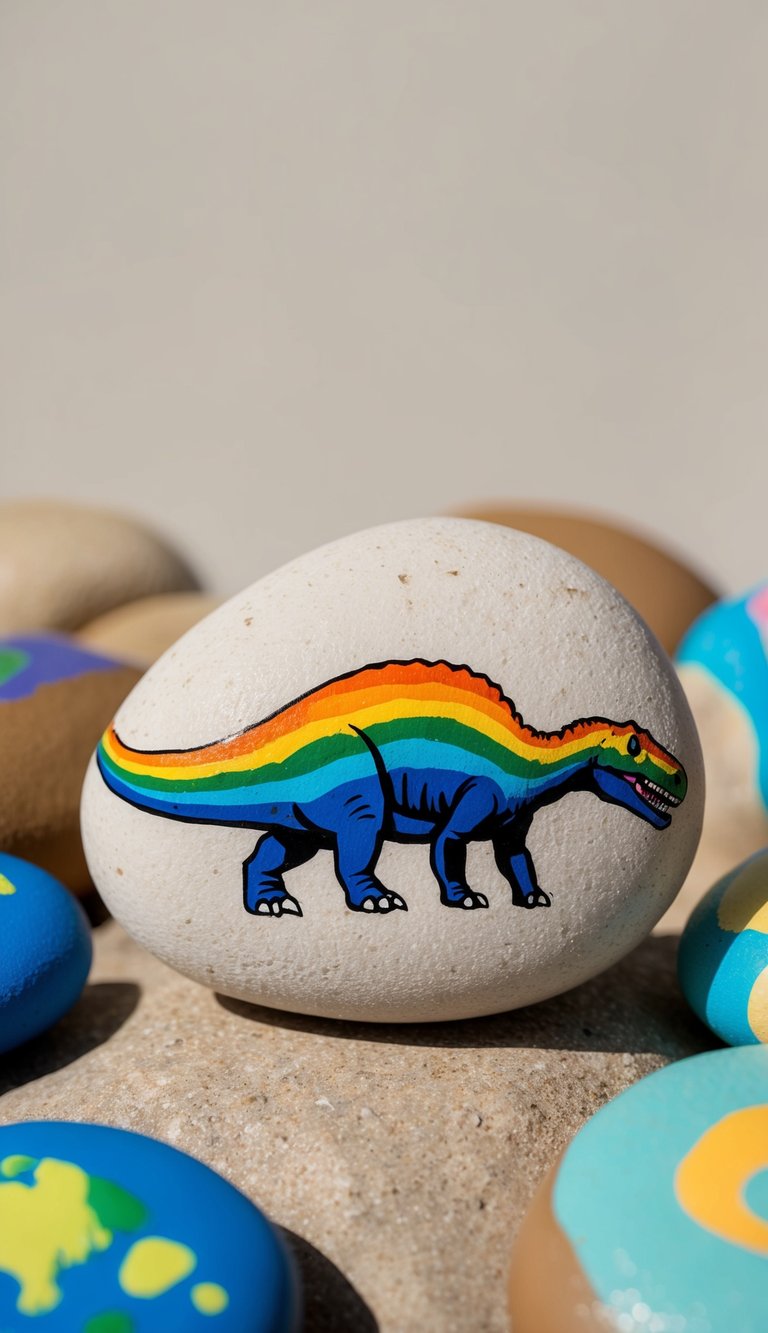 A dinosaur with rainbow stripes stands on a rocky landscape, surrounded by other painted rocks