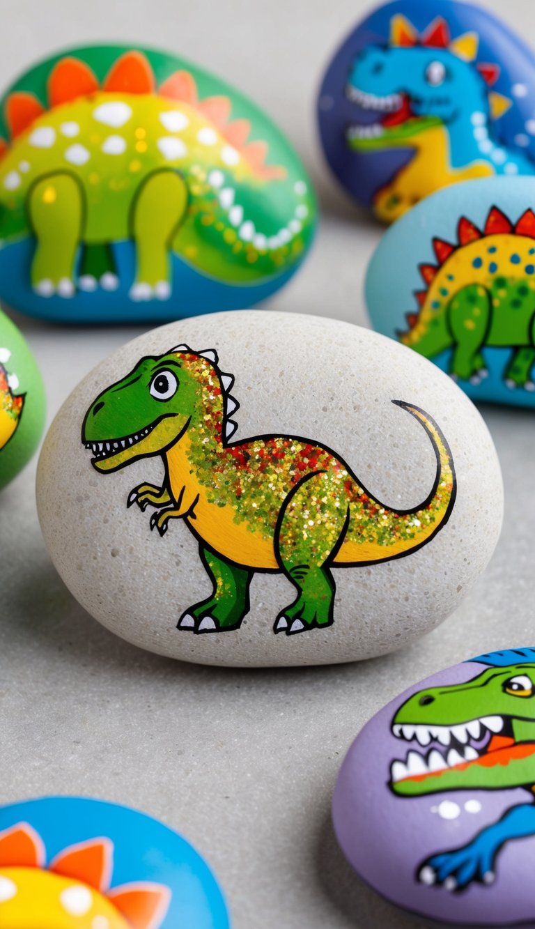 A colorful dinosaur with glittery scales stands on a rocky surface, surrounded by other painted dinosaur rocks