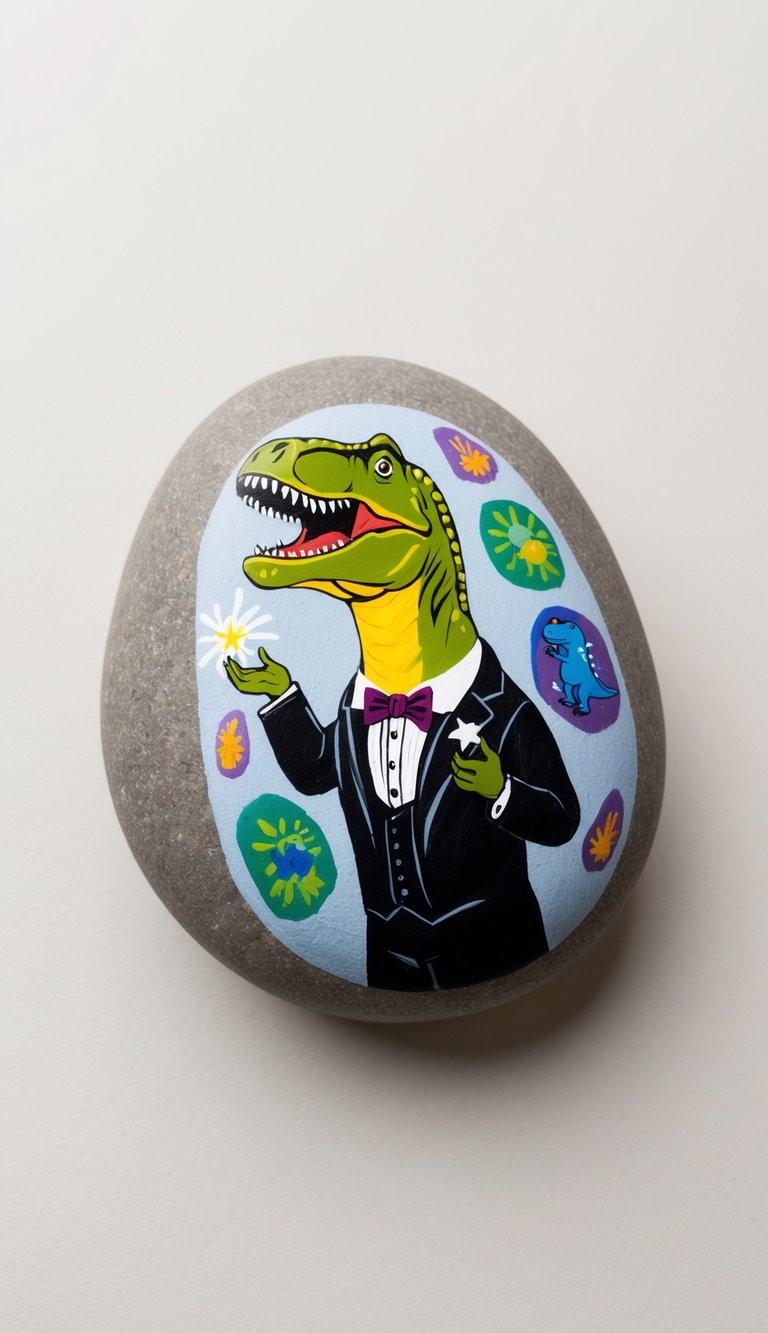 A dinosaur dressed as a magician performing a magic trick with painted dinosaur rocks as the audience