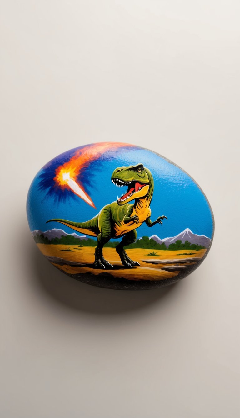 A dinosaur with sharp teeth and claws chases a fiery comet through a prehistoric landscape