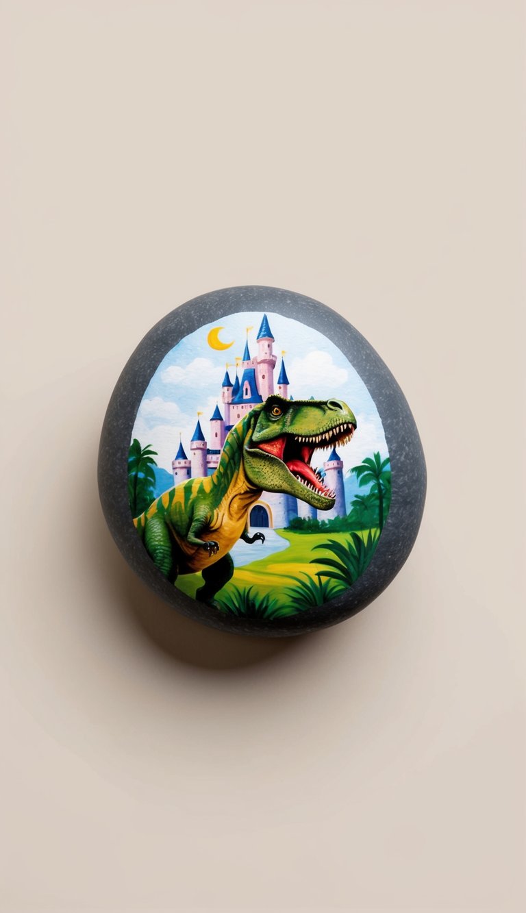 A dinosaur roars majestically in front of a fairy tale castle