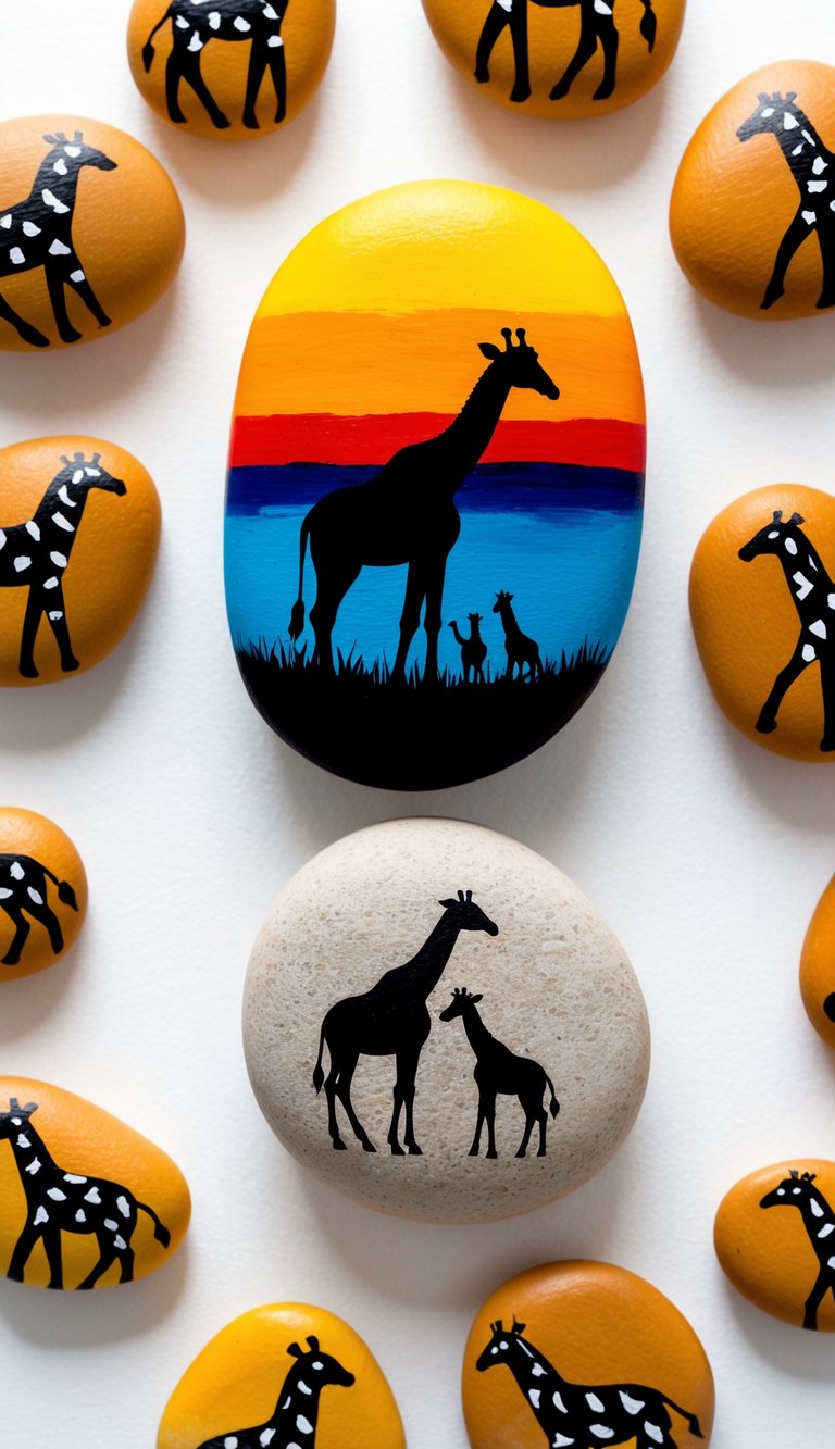 A mama giraffe and baby silhouette stand against a vibrant sunset, surrounded by painted rocks with giraffe patterns
