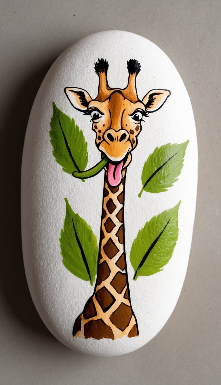 A giraffe with a comical expression, stretching its long tongue to lick leaves painted on a stone surface