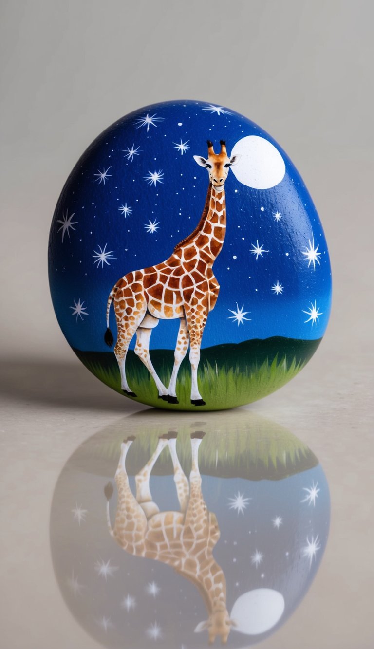 A giraffe with a starry night pattern stands against a moonlit sky