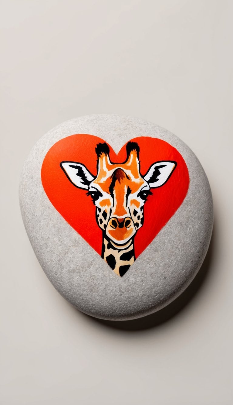 A giraffe's face inside a heart shape, painted on a rock