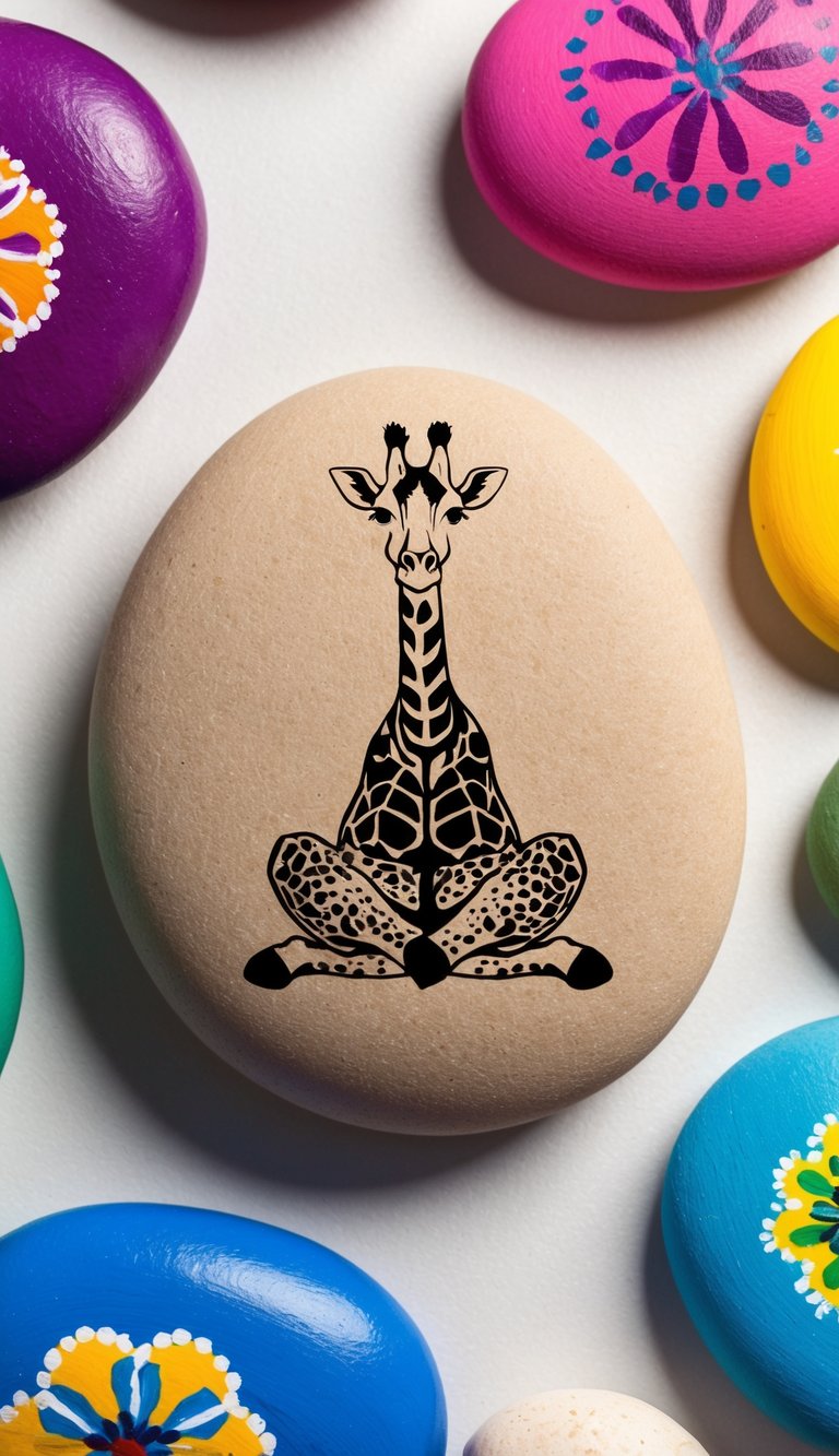 A giraffe sits with crossed legs, surrounded by colorful painted rocks