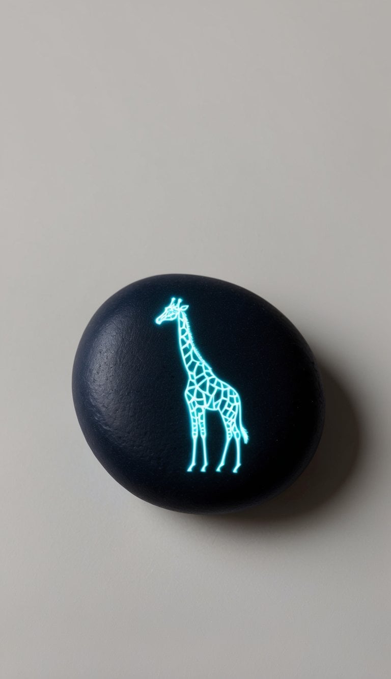 A neon giraffe glowing on a dark rock